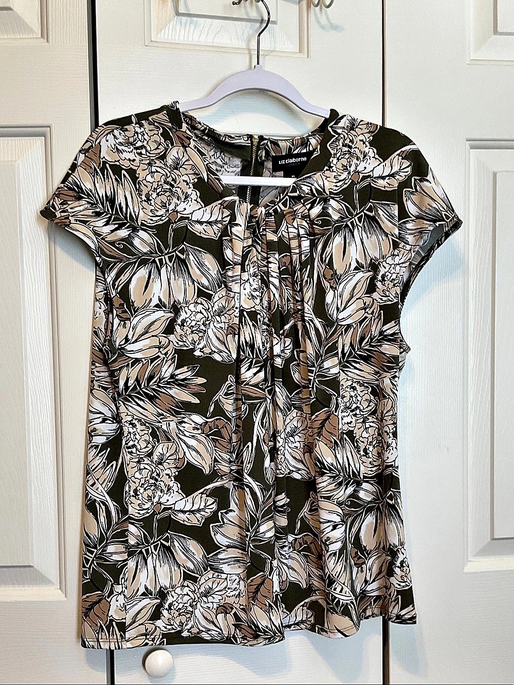 Liz Claiborne Floral Short Sleeve Blouse in Green & Brown XL Like New